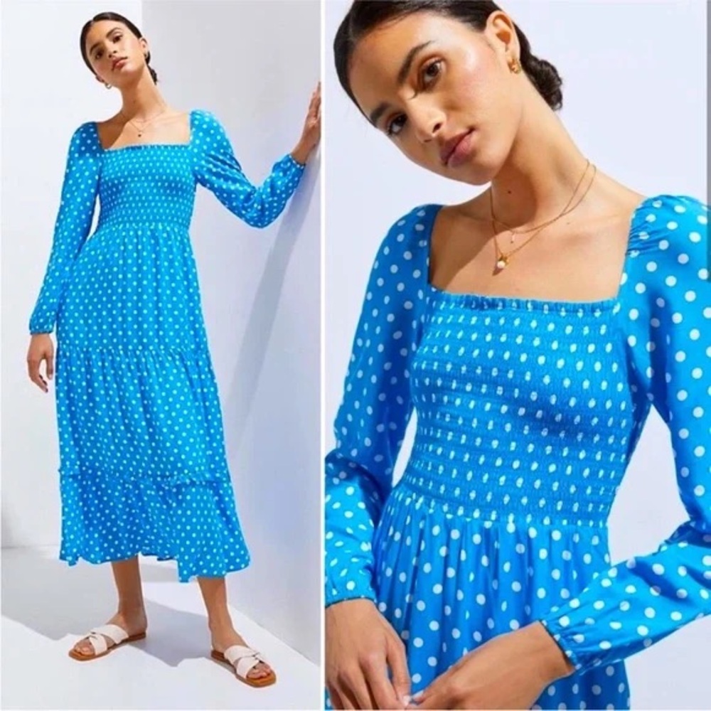 Anthropologie Dolan Laney Smocked Polka Dot Midi Casual Dress Blue size S